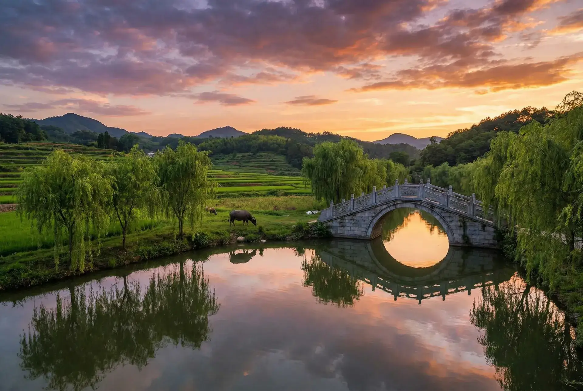 夕阳下的石拱桥与垂柳，水牛在河边吃草 - 五星大饭店演员表 乡村美景